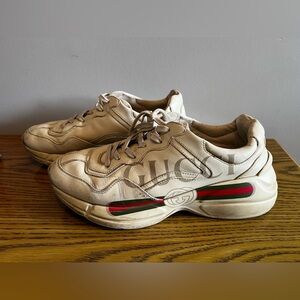 GUCCI 500877 Cream Beige Leather Monogram Big Leather Men Sneakers Sz 9.5